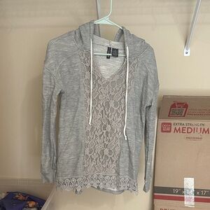 Women's Lace-Front Hooded Pullover - Gray